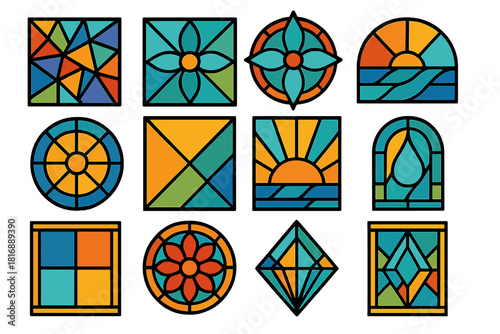 Geometric Glass Mosaic. Glass Mosaic Design linear icon set. colorful panels, triangle glass, star pattern, flower motif, circle segment, sun ray, light reflection, window frame