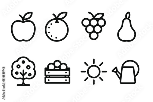 Fruit Crops Icons. Fruit Crops linear icon set. apple, orange, grape, pear, tree, crate, sun, watering can.