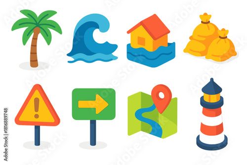 Coastal Icons Set. Coastal Impact flat icons set. palm tree, flood wave, house, sandbag, warning sign, evacuation route, map, lighthouse