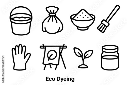 Eco Dyeing Tools. Eco Dyeing linear icon set: bucket, cloth bundle, herbal powder, brush, drying rack, glove, plant sprout, jar