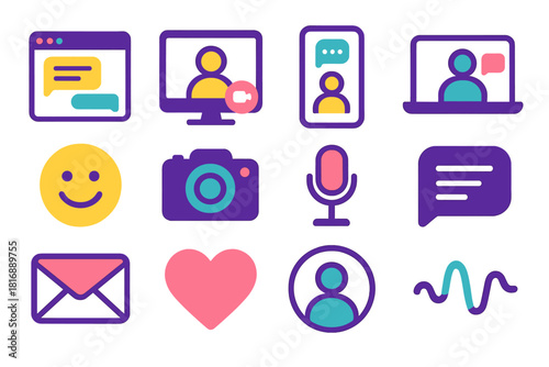 Vibrant Communication Icons. Communication Screens flat icon set: chat window, video call, smartphone, laptop, emoji, camera, microphone, chat bubble, message icon, heart, people