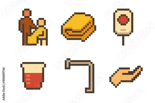 Patient Care Icons. Patient Care Set pixel style icon set: caregiver figure, comfort blanket, call button, medication cup, assist rail, support hand