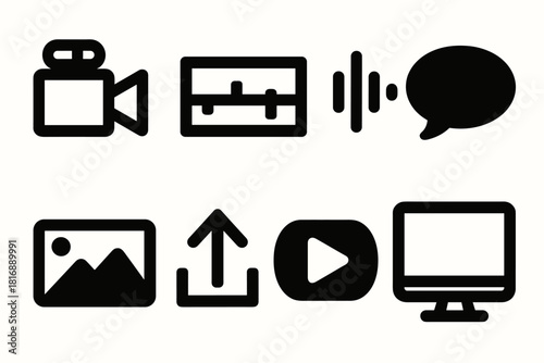 Brutalist Content Icons. Content Creation silhouette icon set. video camera, editing timeline, sound wave, text bubble, thumbnail frame, upload arrow, monitor, play button