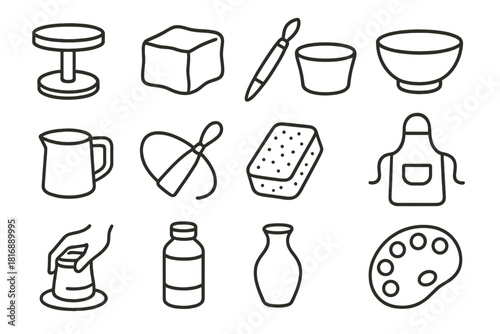 Ceramic Studio Icons. Ceramic Art Studio linear icon set: potter’s wheel, clay block, carving tool, bowl form, slip cup, wire cutter, sponge pad, pottery apron, shaping hand, glaze