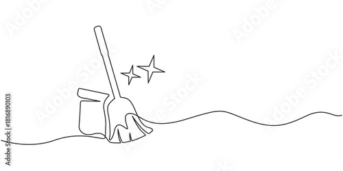 Continuous one line drawing of a broom, simple cleaning tool illustration for home hygiene and housekeeping design concepts vector Illustration.