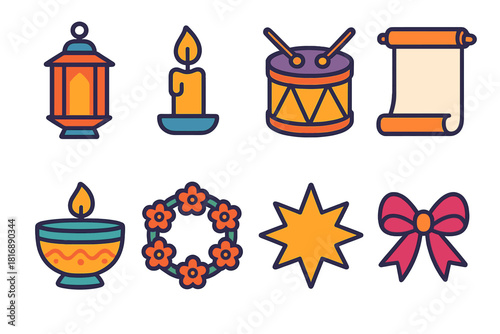Cultural Tradition Icons. Cultural Tradition flat icon set: lantern, candlelight, drum, scroll, ceremonial bowl, floral wreath, star, decorative ribbon
