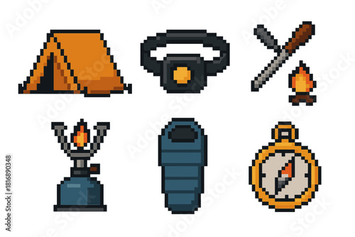 Outdoor Gear Icons. Outdoor Gear Essentials pixel style icon set: tent pack, headlamp, fire starter, compact stove, sleeping bag, navigation compass