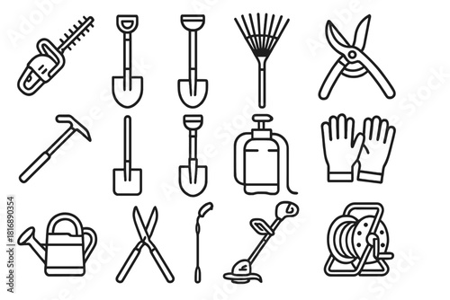Gardening Tools Icons. Professional Gardening Tools linear icon set: hedge trimmer, shovel, rake, pruner, hoe, spade, sprayer, gloves, watering can, shears, power trimmer, hose