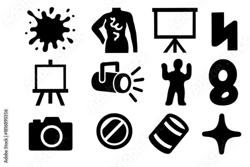 Brutalist Icon Set. Visual performance silhouette icon set. paint splash, body art, projection screen, canvas, light projector, shadow figure, camera, lens, prop, abstract shape
