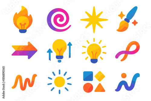 Vibrant Creative Icons. Creative Motivation flat icon set: idea flame, inspiration swirl, breakthrough spark, energized brush, concept arrow, creative lift, imagination glow