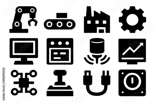 Bold Industrial Icons. Industrial Automation silhouette icon set: robot arm, conveyor, factory, gear, computer, control panel, sensor, chart, circuit board, lever, cable, switch