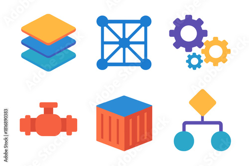 Microservices Icons Design. Microservices flat icons set. layered boxes, network grid, gear cluster, pipeline icon, container symbol, logic flowchart