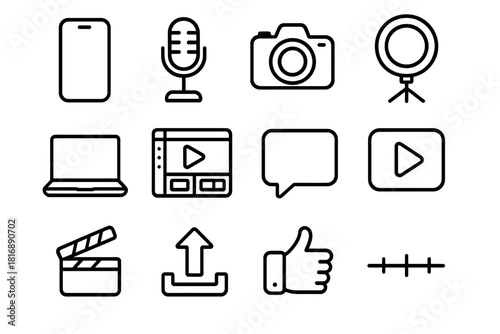 Video Creation Icons. Online Video Making linear icon set. smartphone, microphone, camera, ring light, laptop, editing software, chat bubble, play icon, clip, upload arrow, like