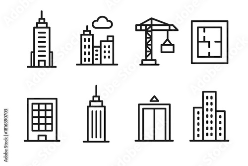 City Skyline Blueprints. City Towers linear icon set. skyscraper, skyline, construction crane, blueprint, window grid, antenna, elevator, cloud