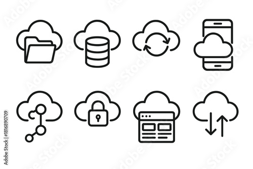 Cloud Storage Icons. Cloud Storage Systems linear icon set. cloud folder, database stack, sync arrows, mobile device, file sharing icon, secure lock, dashboard, transfer line