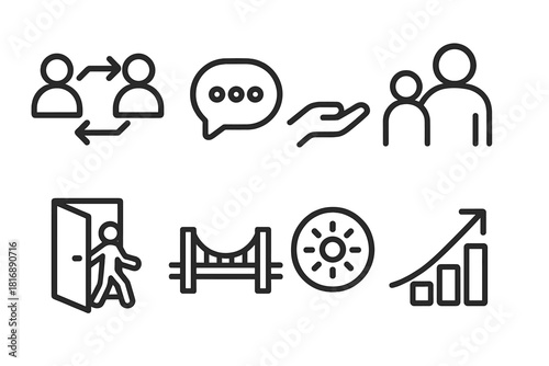Diverse Workforce Icons. Workforce Diversity Actions linear icon set: collaborate arrows, share bubble, support hand, mentoring figure, open door, bridge span, clarity circle