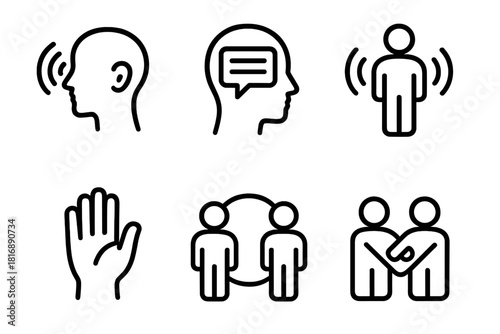 Mindful Communication Icons. Mindful Communication Signals linear icon set: mindful echo, centered message, receptive stance, kind wave, trust arc, collaborative symbol