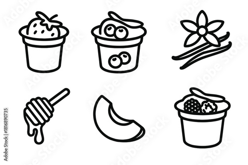 Yogurt Flavor Icons. Yogurt Flavors Set linear icon set: strawberry yogurt, blueberry yogurt, vanilla pod, honey drizzle, peach slice, mixed berry cup