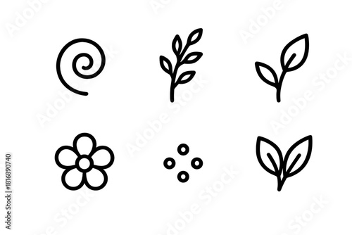 Floral Icons Set. Floral Elements Set linear icon set: petal swirl, floral branch, stem curve, pollen dot, blossom outline, leaf pair