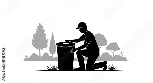 Dedicated groundskeeper diligently tending to garden bin amidst lush greenery, promoting pristine outdoor spaces and eco friendly practices.