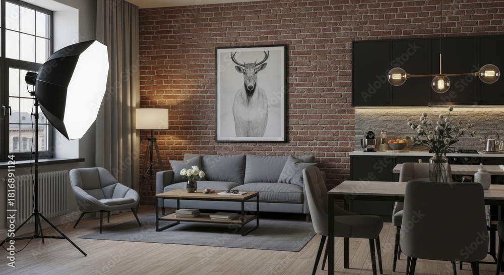 Fototapeta premium Modern apartment interior setup featuring professional lighting equipment next to furniture