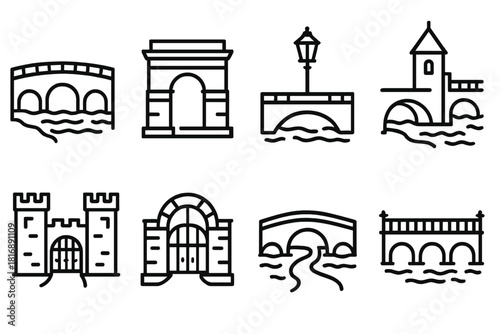 Historic Bridge Icons. Historic Bridges linear icon set. stone bridge, archway, lantern, tower, gate, river, path, railing.