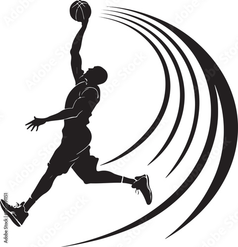 Silhouette of a basketball player dunking with dynamic motion lines Keywords: basketball, player, silhouette, dunk, slam dunk, jumping, action, sport, athletic, male, dynamic, motion, lines
