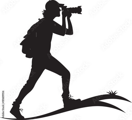 Silhouette of a backpacker photographer with a camera and backpack on a grassy path Keywords: silhouette, photographer, backpacker, camera, photography, person, walking, backpack, gear, outdoor