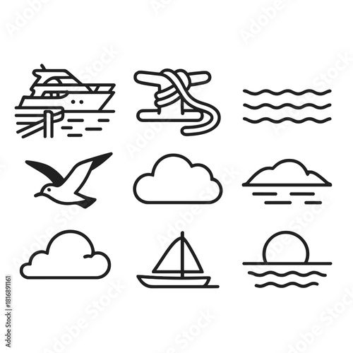 Yacht Marina Silhouette. Yacht Environment linear icon set: marina pier, mooring line, sea ripple, distant island, gull silhouette, cloud, horizon line, sunset disk