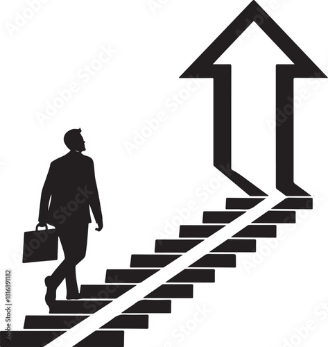 Silhouette of a businessman climbing stairs towards an upward arrow Keywords: silhouette, businessman, suit, briefcase, climbing, stairs, steps, upward, arrow, growth, success, career, ambition