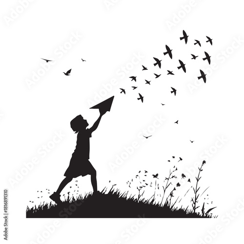 Silhouette of a child releasing a paper airplane into a flock of birds in a grassy field girl 1