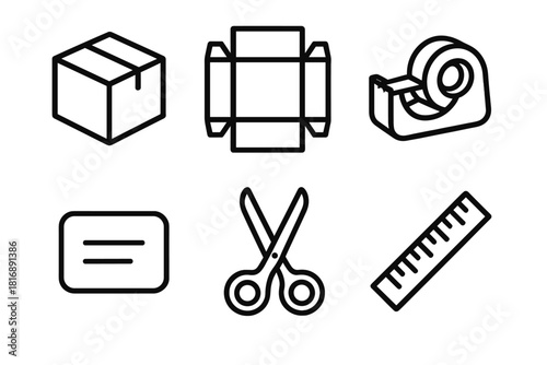 Packaging Icon Set. Packaging Process linear icon set: folded box, die-cut sheet, tape dispenser, label sticker, scissors, ruler