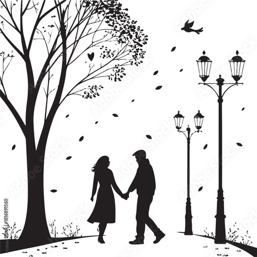 Silhouette of a couple holding hands walking past street lamps with falling leaves love romance