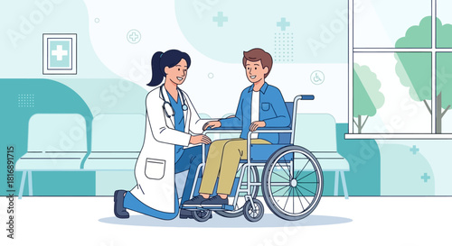 Doctor Checking on Male Patient in Wheelchair Medical Care and Support