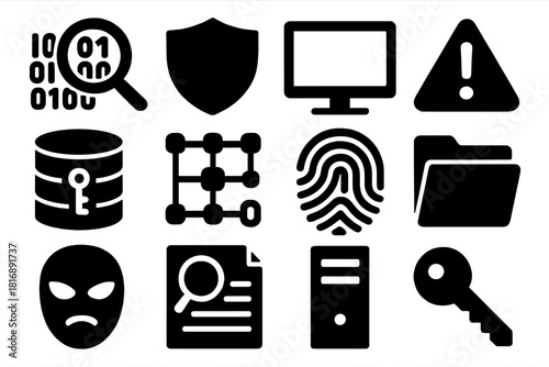 Cyber Investigation Icons. Cyber Investigation silhouette icon set. magnifier over binary code, shield icon, computer screen, alert triangle, secure database, network grid