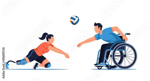 Adaptive Volleyball Inclusive Sports Action with Wheelchair Athlete and Able Bodied Player