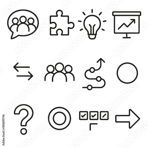 Collaborative Problem Icons. Collaborative Problem Solving Elements Set linear icon set: group discussion bubble, puzzle pieces, idea spark, shared board, flow arrows, team