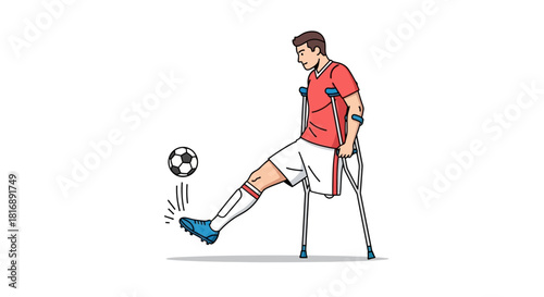Disabled Soccer Player Kicking Football with Crutches Overcoming Adversity Sports Concept