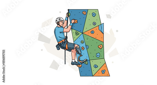 Man Climbing a Colorful Rock Wall Indoor Rock Climbing Concept