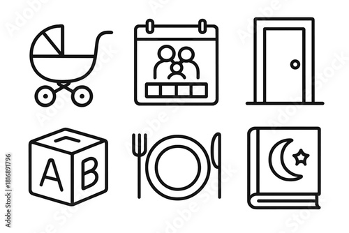 Family Essentials Icons. Family Life Set linear icon set: stroller, family calendar, home door, toy block, dinner plate, bedtime book