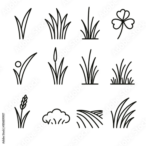Grass Elements Icons. Grass Elements Set linear icon set: grass blade, tuft cluster, lawn patch, clover sprig, dewdrop on grass, tall reed, meadow strand, trimmed lawn edge, seed