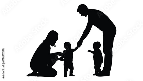 Family silhouette with parents and two toddlers isolated on white background, Vector