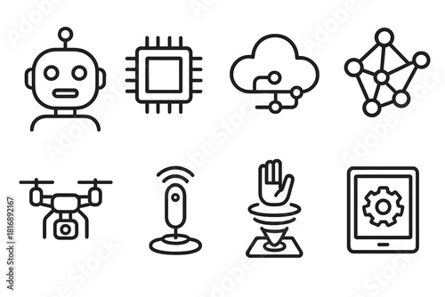 AI and Tech Icons. AI & Automation linear icon set: robot head, microchip, data cloud, neural network, drone, sensor, hologram, tablet screen