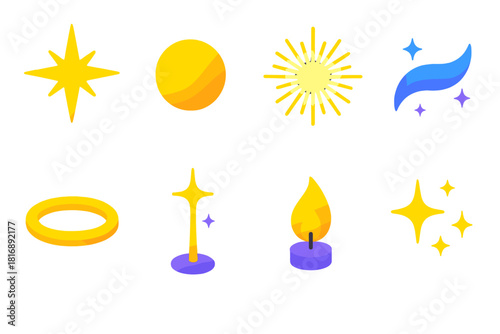 Vibrant Luminosity Icons. Luminosity Set flat icons set. radiant star, glowing orb, light burst, shimmer wave, luminous halo, flare beam, candle flame, sparkle dust