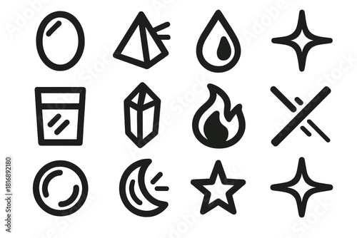 Bold Light Icons. Light Reflection silhouette icon set: mirror, prism, water droplet, sparkle, glass, crystal, flame, beam, lens, moon, star, glow