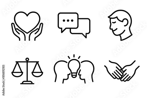 Mindful Communication Icons. Mindful Communication Signals linear icon set: empathy heart, steady dialogue line, respectful nod, balanced scale, shared insight glow, calm connector