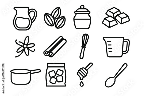 Hot Chocolate Essentials. Hot Chocolate Ingredients linear icon set. milk jug, cocoa beans, sugar jar, chocolate chunks, vanilla pod, cinnamon spice, cream whisk, measuring cup