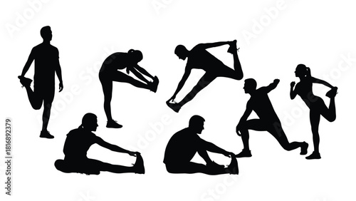 Stretching and warm-up exercises silhouettes isolated on white background, Vector