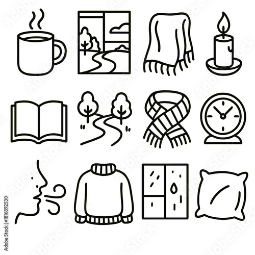 Cozy Morning Icons. Calm Morning Mood linear icon set. steaming mug, window view, cozy blanket, candle flame, open book, quiet path, wool scarf, slow clock, peaceful breath, warm