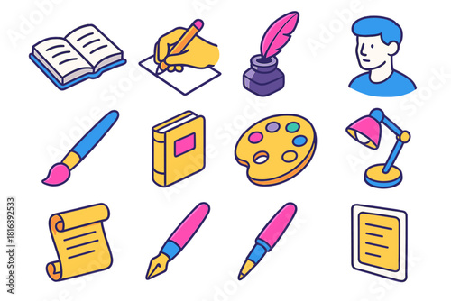 Modern Literature Icon Set. Illustrated Literature flat icon set: open pages, drawing hand, feather pen, ink bottle, character sketch, paintbrush, book cover, palette, lamp, scroll